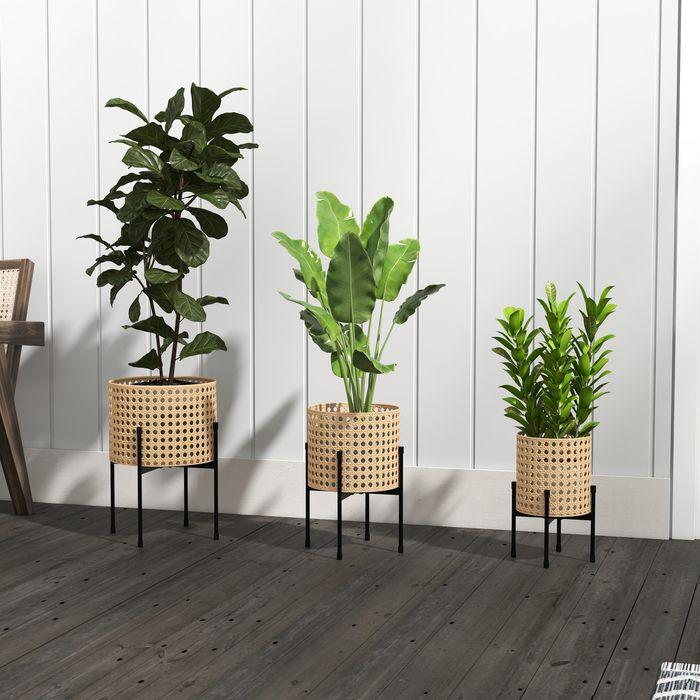 Image du produit Swisshandel24 Lot de 3 supports pour plantes Supports pour fleurs en rotin Tabouret pour plantes Tabouret pour