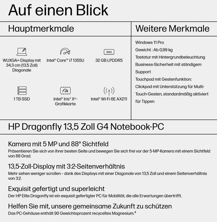 Actual product image HP Dragonfly G4 (13.50", Intel Core i7-1355U, 32 GB, 1000 GB, DE)