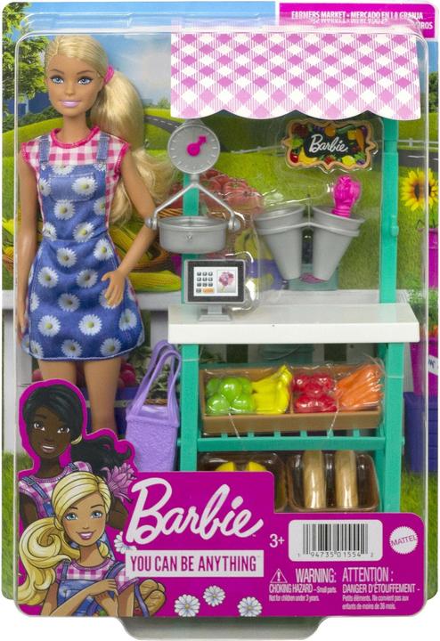Produktbild Barbie Bauernmarkt-Spielset "Spass auf dem Bauernhof", -Puppe (blond), Marktstand, Acker, Gemüse, Brot