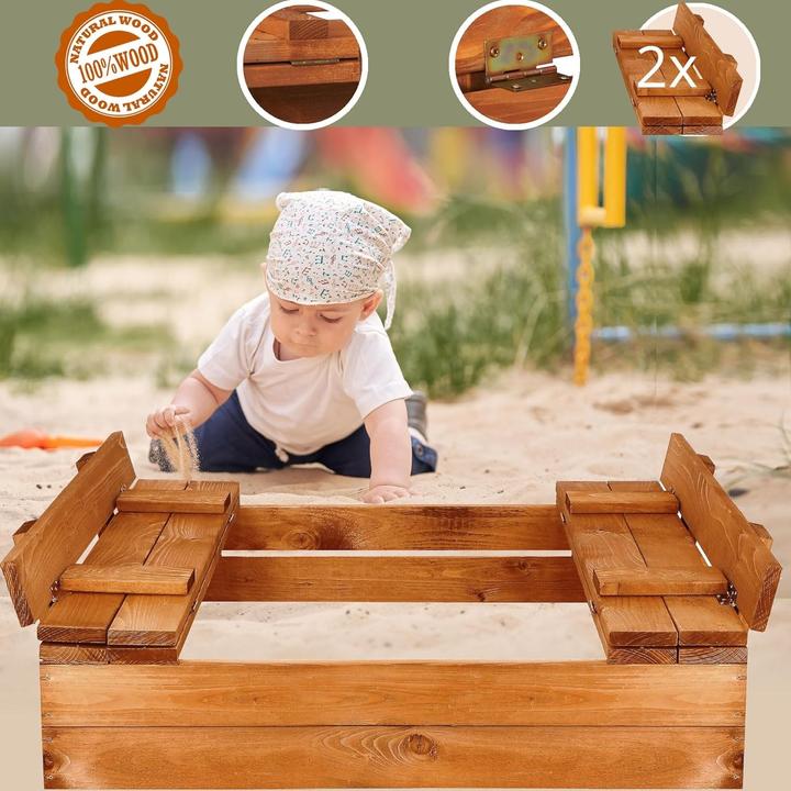 Produktbild Milkii Sandkasten für Kinder aus Holz mit Abdeckung / Sitzbänke, 98 x 98 cm