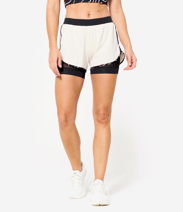 Domyos Trainingshose 2-in-1 Damen kurz - beige/schwarz