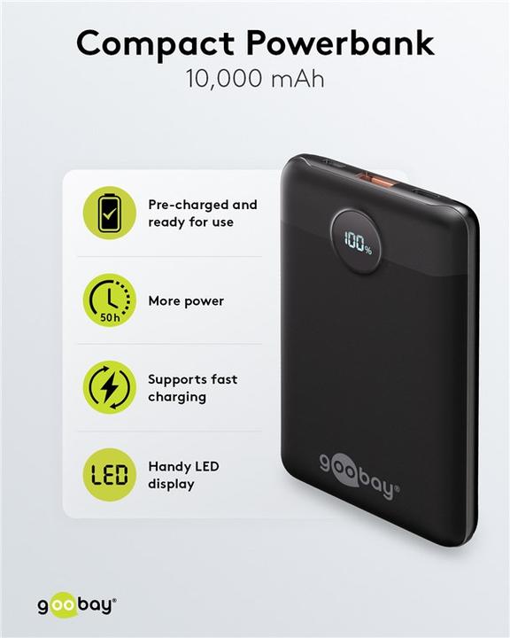 Immagine prodotto Goobay Powerbank compatto da 10.000 mAh (10000 mAh, 22.50 W, 38.50 Wh)