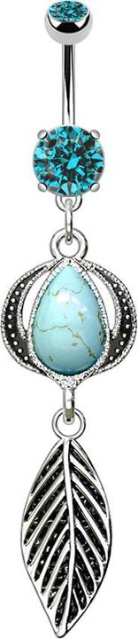 Actual product image Star Piercing Banana silver with pendant leaf and turquoise stone (Mineral, without brass, Surgical steel 316L)