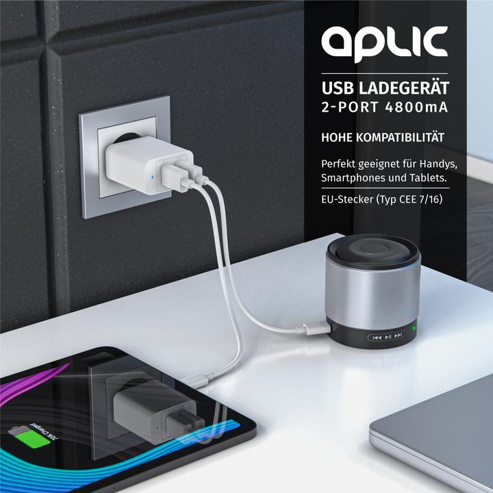 Produktbild Aplic USB Ladegerät 4800 mA, 2 Port Netzteil für Handy/Smartphone/Tablet, 4800mA - 2400mA je Port, weiss (28 W)