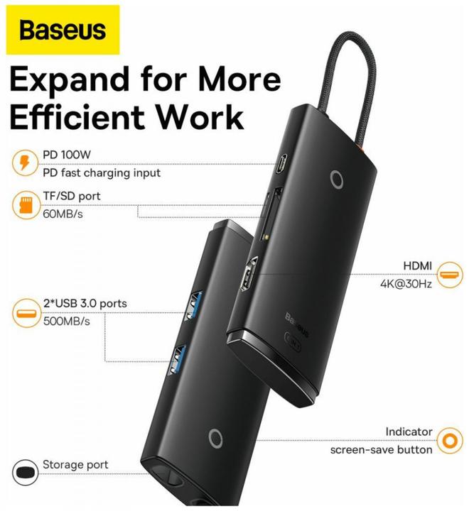 Produktbild Baseus LITE SERIES BS-OH020 HUB ADAPTER TYPE-C 6 PORT Black station (USB-C, 6 Ports)