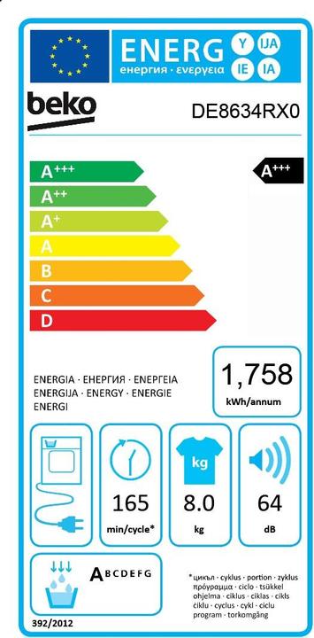 Energie-Label Beko DE8634RX0 (8 kg, Wechselbar, Rechts)