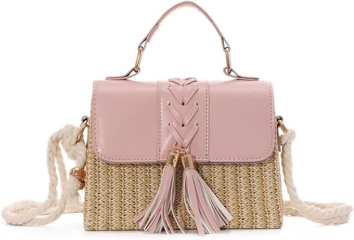 Immagine prodotto Only-Bags.Store Borse di paglia intrecciata con decorazioni di nappe, mini borsa da spiaggia con cinturino, manico