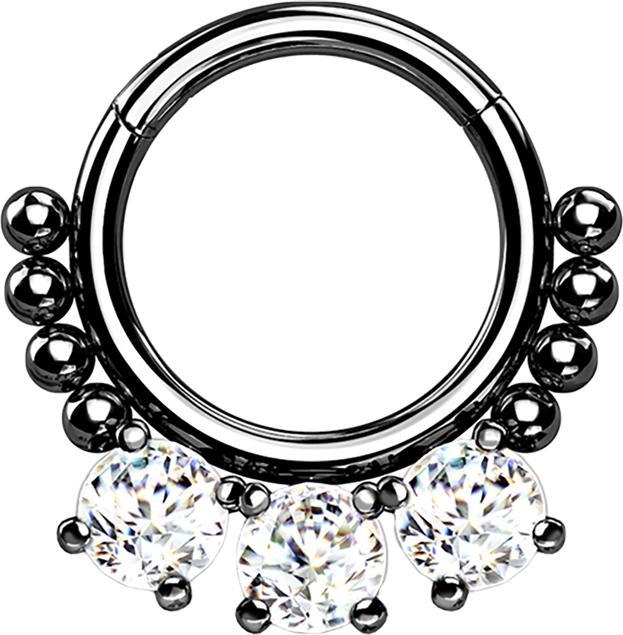 Immagine prodotto Star Piercing Anello a micro segmenti incernierato con perline nere e tre cristalli (Acciaio chirurgico 316L, senza ottone)