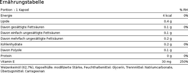 Valori nutrizionali e ingredienti Phytopharma Vitamina E (110 Pezzo/i, Pillole, 100 g)