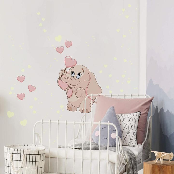 Produktbild Trenddeko Elefantenbaby mit Herzen + Leuchtsticker (38 x 50 cm)