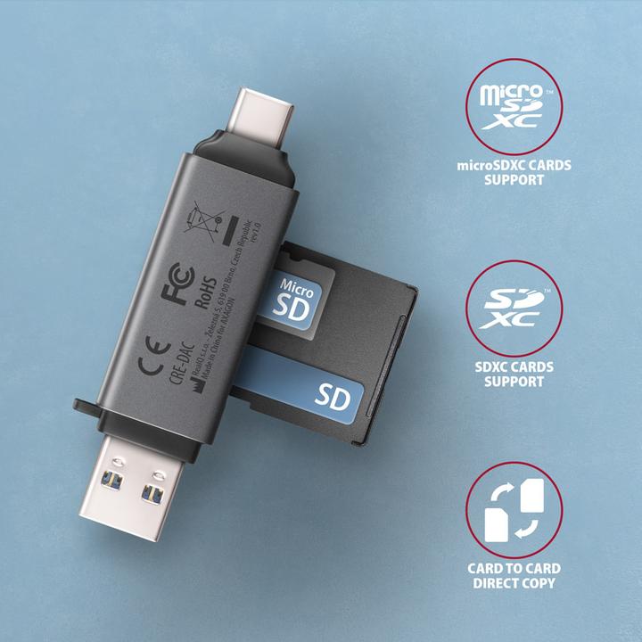 Produktbild Axagon CRE-DAC External USB 3.2 Gen1 Type-C+Type-A 2-slot SD/microSD (USB 3.0, Type-B)