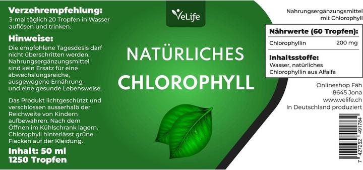 Valeurs nutritives et ingrédients VeLife Chlorophyll Tropfen (1 pièce(s), Gouttes, 128 g)