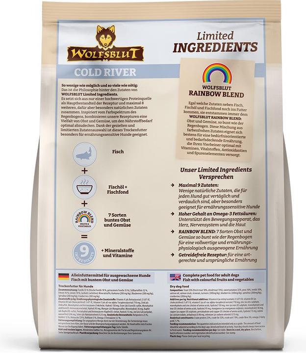 Valeurs nutritives et ingrédients Wolfsblut Limited Ingredients Adult Cold River pour chiens 1 kg (Adulte, 1 pcs, 1000 g)