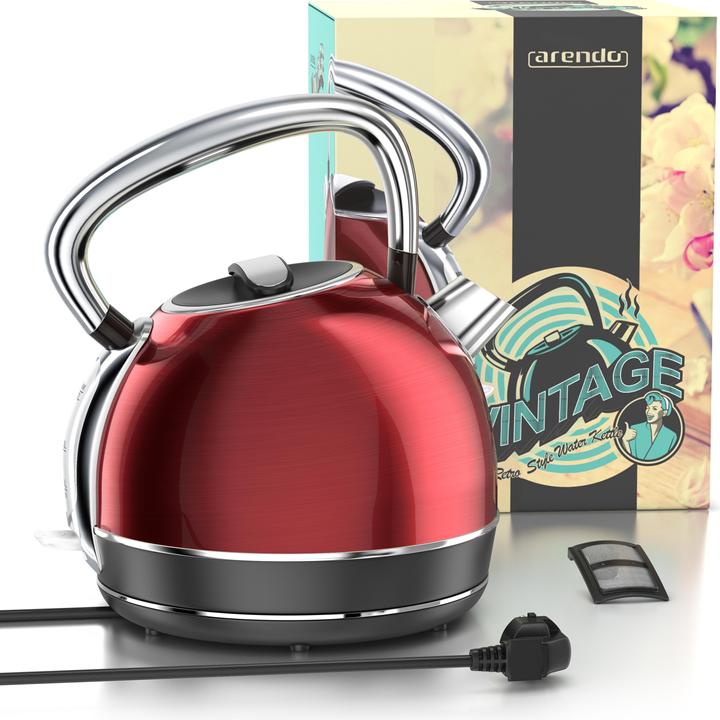 Produktbild Arendo Wasserkocher 1,7 l, 2200 W, Edelstahl, Retro Style, Vintage, Überhitzungs & Trockenkochschutz, rot (1.70 l)