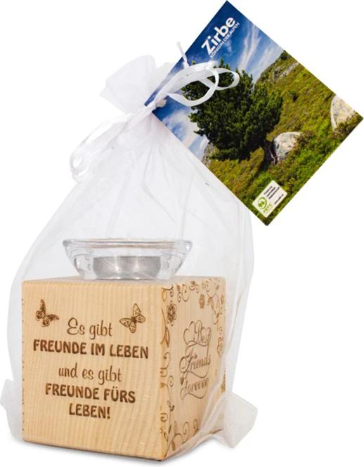 Produktbild ZNatur Zirben Holz Teelichthalter Würfel & Glas Dekogeschenk mit Gravur Es gibt Freunde im Leben No. (1 x)