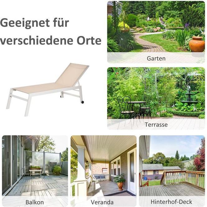 Image du produit Swisshandel24 Bain de soleil, chaise longue de jardin, dossier à 5 niveaux, aluminium, blanc crème, 169 x 65 x (169 cm)
