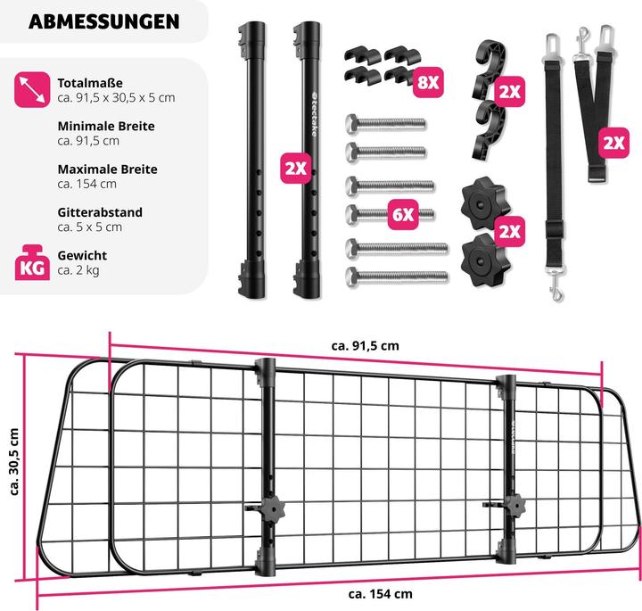 Image du produit tectake Grille de protection pour chien Balu, réglable en largeur, 2 ceintures de sécurité (Chien, Réflecteurs)