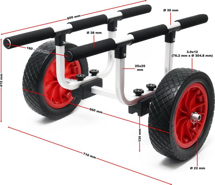 Image du produit Wiltec Chariot de transport Alu 90kg pour Kayak Canoë avec Grande Roue PU Ø31cm & Largeur réglable