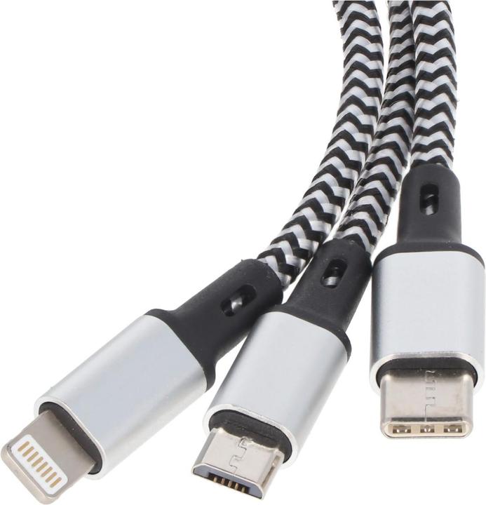 Actual product image Heitech Universal charging cable 3in1 for Apple, USB-C, Micro-USB