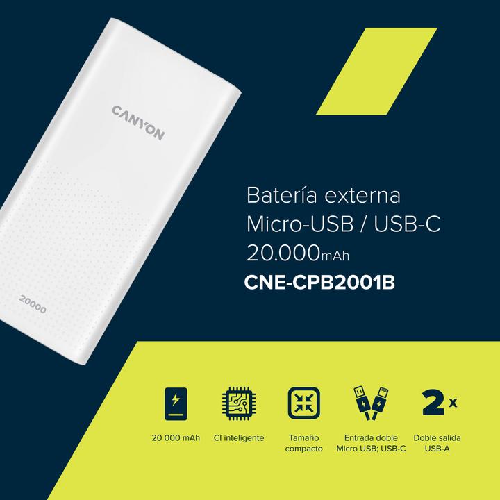Produktbild Canyon Power bank PB-2001 20000 mAh White (20000 mAh, 20 W, 74 Wh)