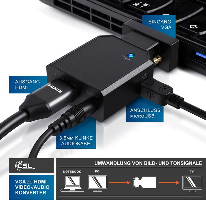 Image du produit CSL Adaptateur VGA vers HDMI avec Audio + VGA + USB, Convertisseur VGA vers HDMI pour PC, Ordinateur (HDMI, 7.60 cm)