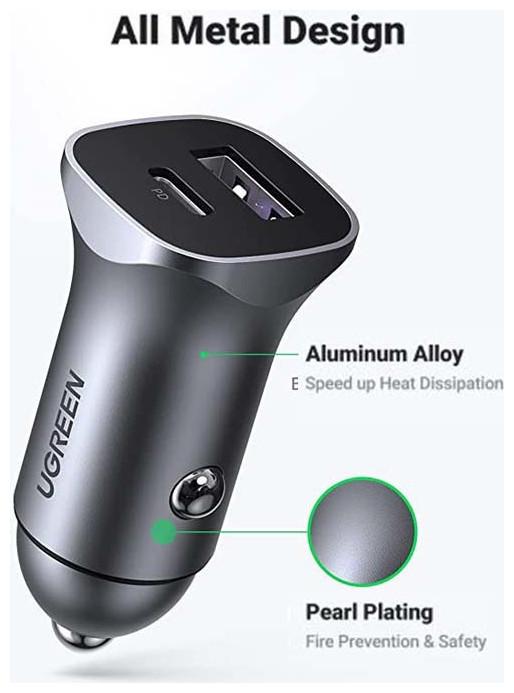 Actual product image Ugreen CD130 Car Charger, USB-A+PD 3.0, USB-C, QC3.0 30W (Grey)
