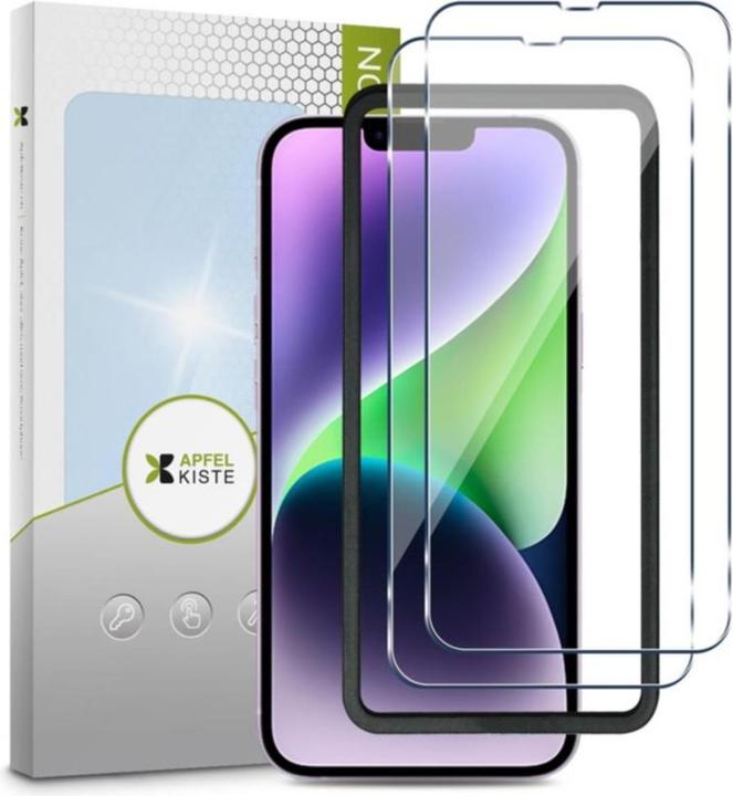 Produktbild Apfelkiste - Panzer Glas Displayschutzfolie mit Montagerahmen (2er Set) (2 Stück, Apple iPhone 14)