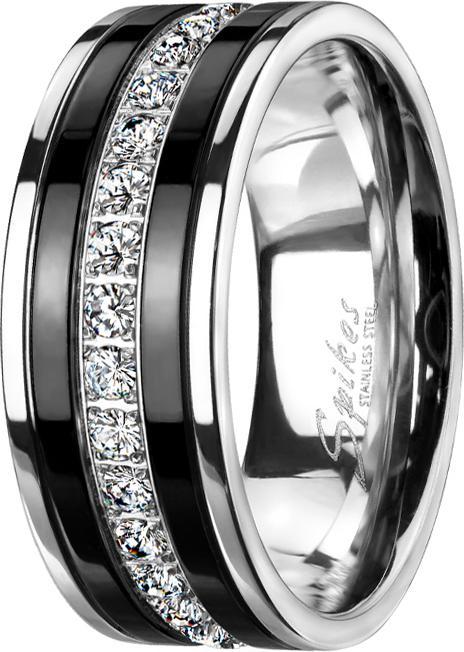 Produktbild Star Piercing Ring silber schwarze Streifen mit Kristallstreifen (Chirurgenstahl 316L)