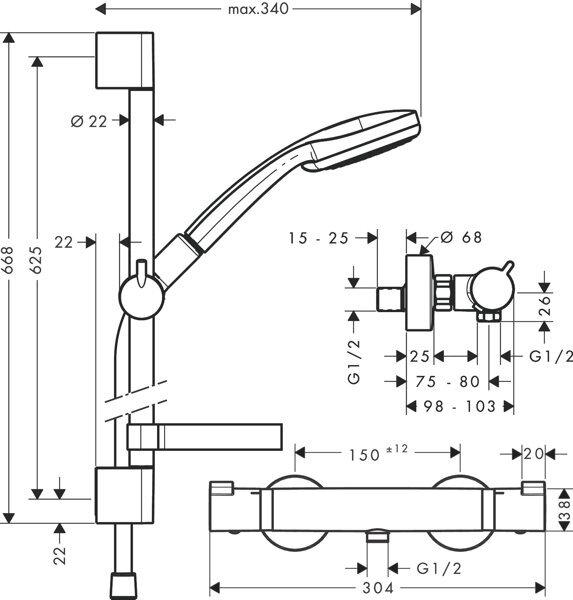 Produktbild hansgrohe Brausenkombi Croma 100 Ecostat 1001 SL u. Brausestange Unica 27085000