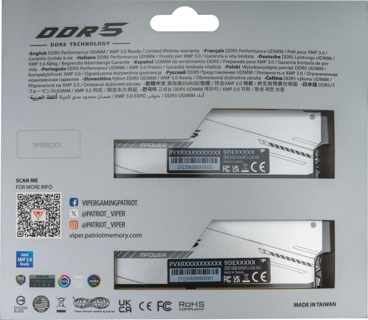 Immagine prodotto Patriot DIMM 32 GB DDR5-6400 (2x 16 GB) doppio kit (nero, PVXR532G64C32KM, Viper Xtreme 5 MPower RGB, INTEL (2 x 16GB, 6400 MHz, RAM DDR5, DIMM)