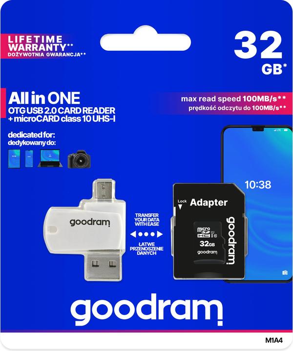 Immagine prodotto Goodram M1A4-0320R12 - 32 GB - MicroSD - Classe 10 - UHS-I - 100 MB/s - 10 MB/s (32 GB, microSD, U1, UHS-I)