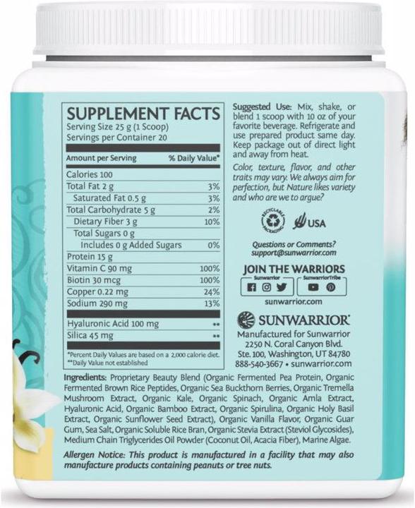 Nutritional values and ingredients Sunwarrior Collagen Building Protein Peptides Tahitian Vanilla (1 Piece, Powder, 500 g)