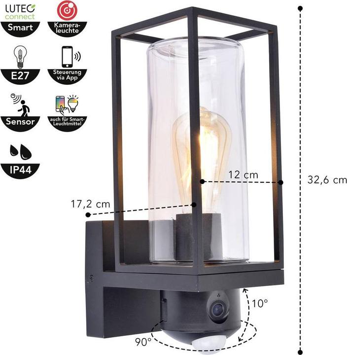 Produktbild Lutec Flair Kameraleuchte E27 dimmbar IP44 Schwarz (E27, IP44)