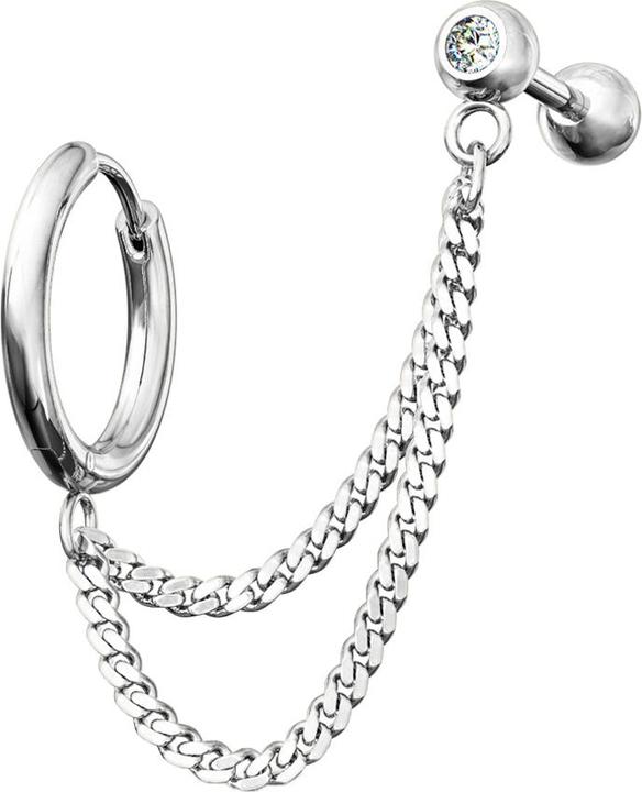 Image du produit Star Piercing Boucle d'oreille argent double chaîne Micro Barbell avec boule et cristal (Acier inoxydable 316L)