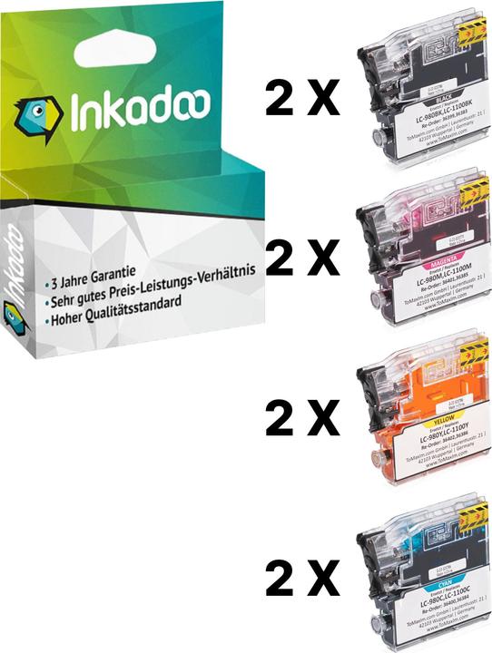 Actual product image Inkadoo Printer cartridges multipack compatible with Brother LC-980 VAL BP contains 8x ink cartridge (M, C, Y, FC)
