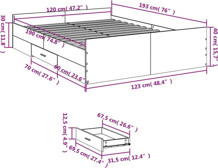 Produktbild VidaXL Bettgestell mit Schubladen (120 x 190 cm)
