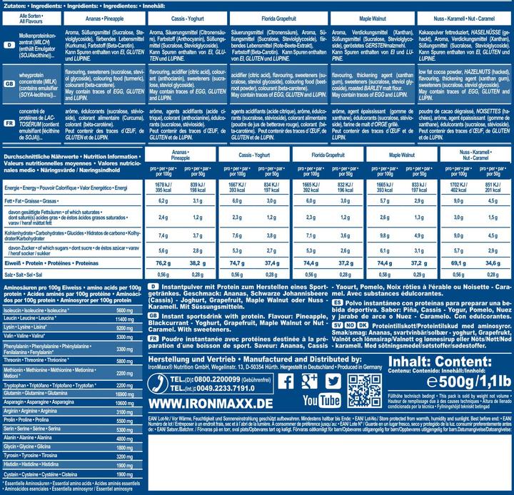 Nährwerte und Zutaten IronMaxx 100% Whey Protein (500g Beutel) (Erdbeer, 1 Stk., 500 g)