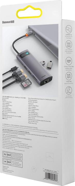 Actual product image Baseus Metal Gleam Series 9-in-1 Multifunctional Type-C HUB Docking Station Gray Type-C to HDMI*2+USB3.0*2 (USB-C, 9 Ports)