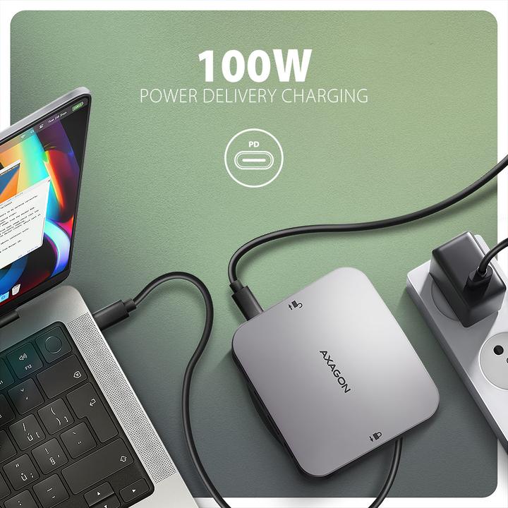 Actual product image Axagon HMC-UFO USB-C hub, M.2 SATA/NVMe, 1 Gbit/s Ethernet, 384 kHz audio - black/silver (USB-C, 3 Ports)