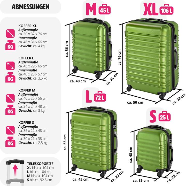 Produktbild tectake Hartschalenkofferset (106 l, Handgepäck (bis 50l), M (50 - 90l), L (90 - 115l))