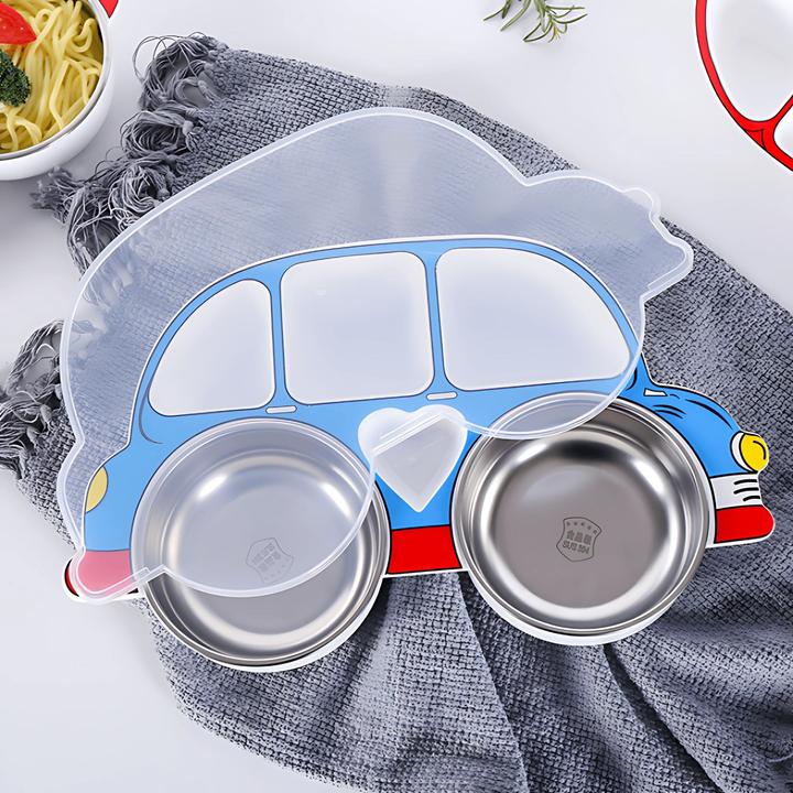 Milkii Assiette avec couvercle & deux bols en acier inoxydable, voiture - Bleu