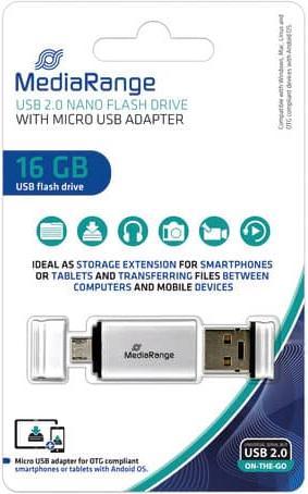 Produktbild MediaRange USB Nano-Speicherstick mit Micro USB-Adapter (16 GB, USB-A, Micro USB, USB 2.0)