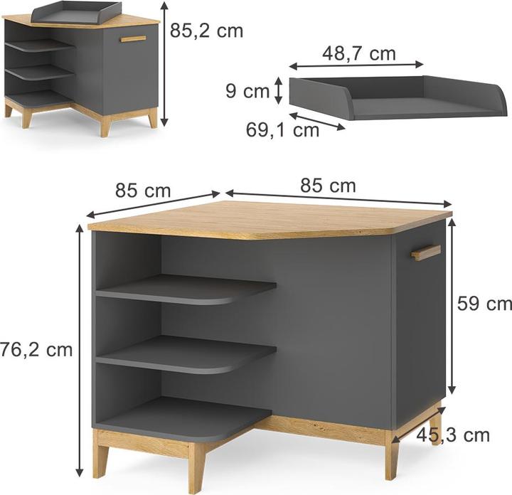 Produktbild VitaliSpa Wickelkommode Malia, Grau/Eiche, 85 x 85.2 cm mit Tür