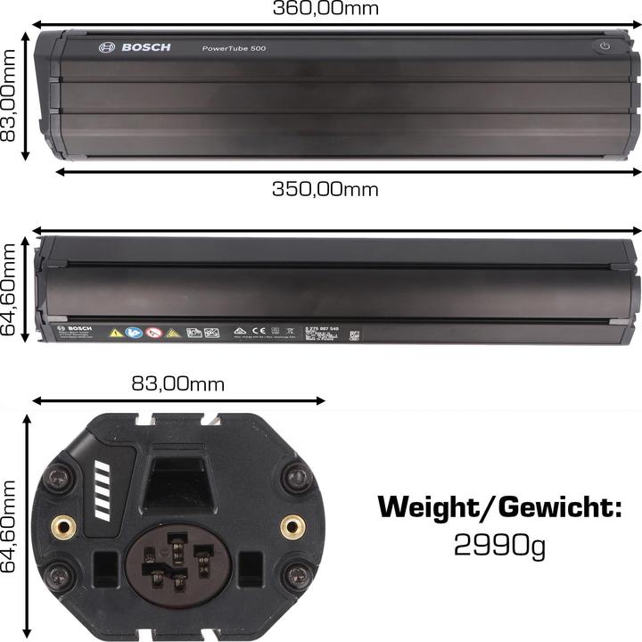 Produktbild Bosch eBike PowerTube 500 BBP280 / horizontal (500 Wh, E-Bike Akku)