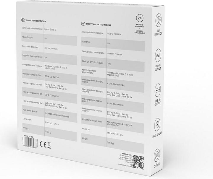 Image du produit Savio AK-59 Enregistreur CD/DVD externe ultraplat R/RW - USB-C/USB-A noir (Graveur de CD, Graveur de DVD)