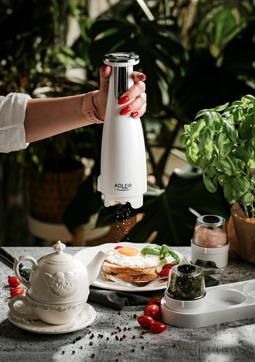Actual product image Adler Electric Salt and pepper grinder AD 4449w 7 W, Housing material ABS plastic, Lithium, Matte White (Various spices)