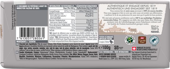 Nährwerte und Zutaten Cailler Crémant 64% Tafelschokolade Dunkel (100 g)