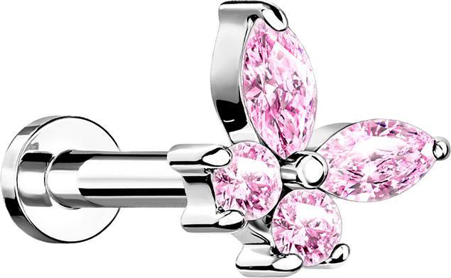 Star Piercing Micro Labret Innengewinde silber Schmetterling mit Kristallen pink (Messing, Chirurgenstahl 316L)