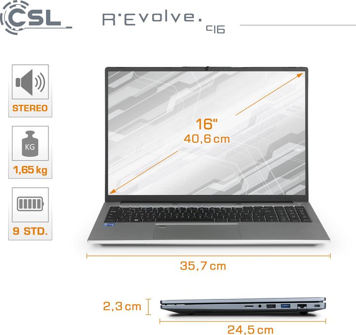 Image du produit CSL Notebook R'Evolve C16 / 64Go / 2000Go / Windows 11 Pro (16", Intel Core i5-1235U, 64 Go, 2000 Go, DE)
