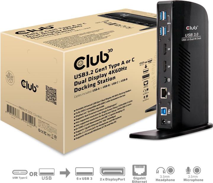 Produktbild Club 3D Dual Display Docking Station 4K60Hz (USB-B, 6 Ports)